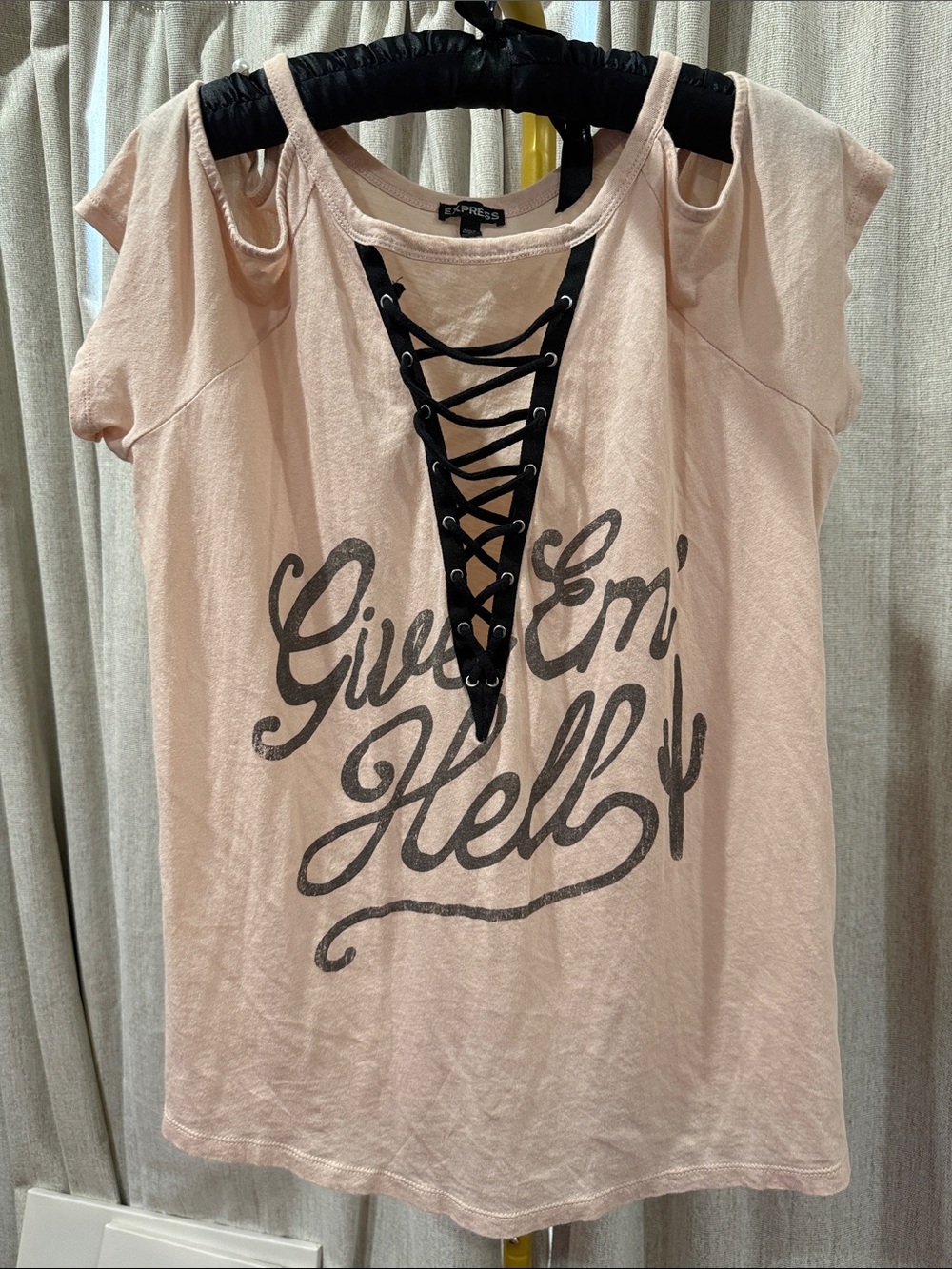 Express Light Pink Lace-Up Graphic Tee with Black Lettering